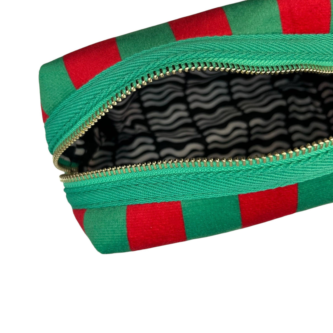 Large Green stripe makeup bag & Gold Lobster Brooch