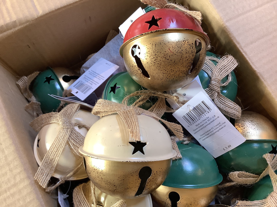 Metal Sleigh Bell - Gold w Red/Cream/Green, 3as