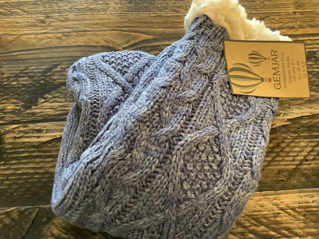 Blue cable slipper socks