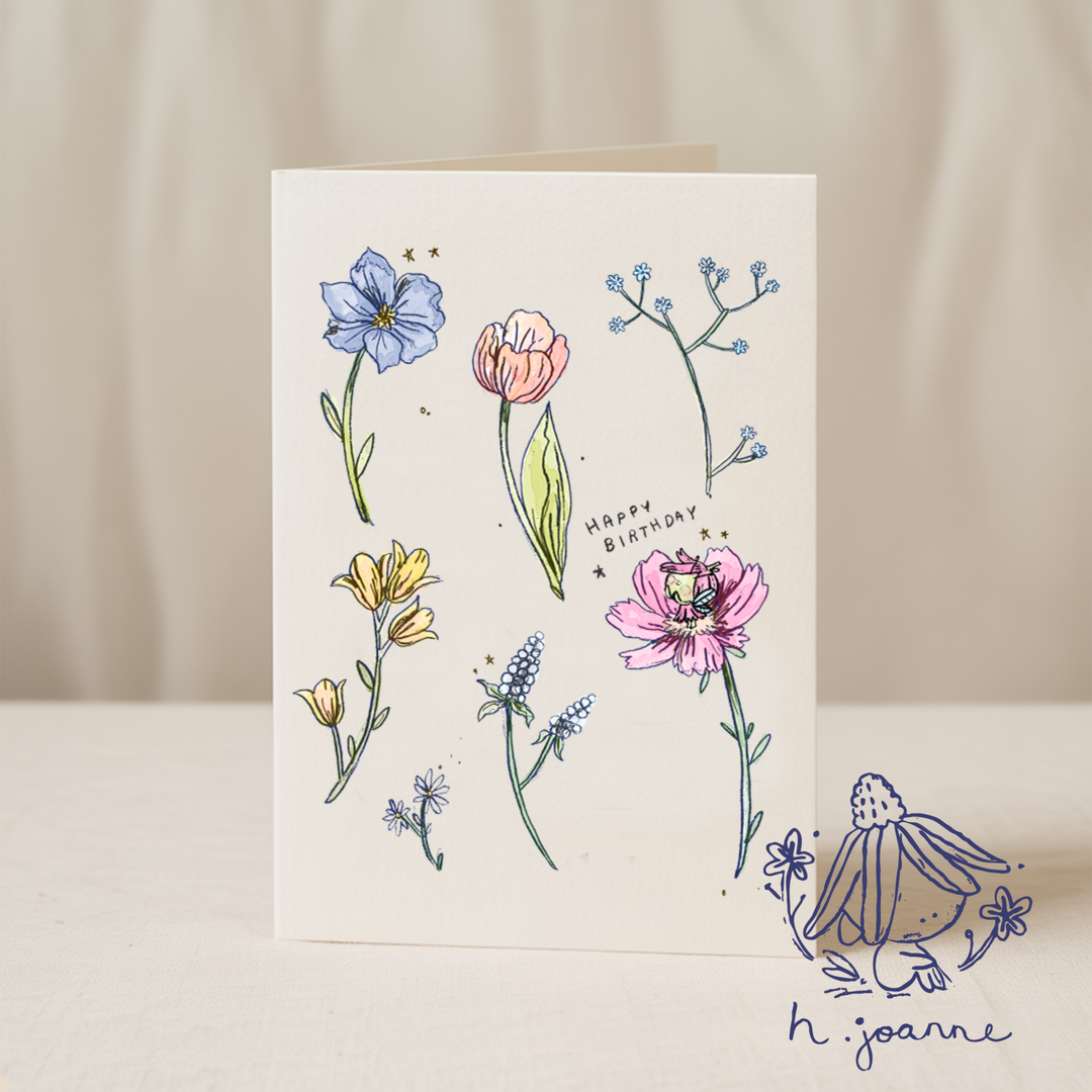 Happy Birthday Flowers 5x7/A6 card - Collab X HJ: Cello Bag (Biodegradable) / 5x7