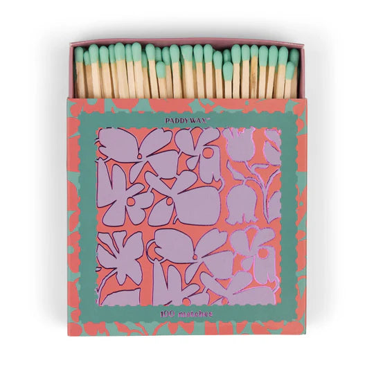 Jumbo Boxed Matches w/ Foil Accents, 100 Matches w/ Teal Tips - Abstract Floral