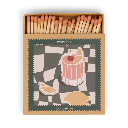 Jumbo Boxed Matches w/ Foil Accents, 100 Matches w/ Orange Tips - Cocktail