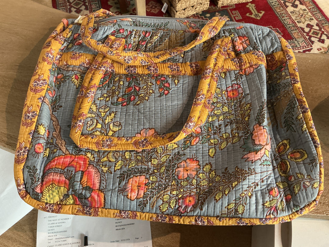 GREY, CORAL & MUSTARD QUILTED TOTE BAG WITH ZIP