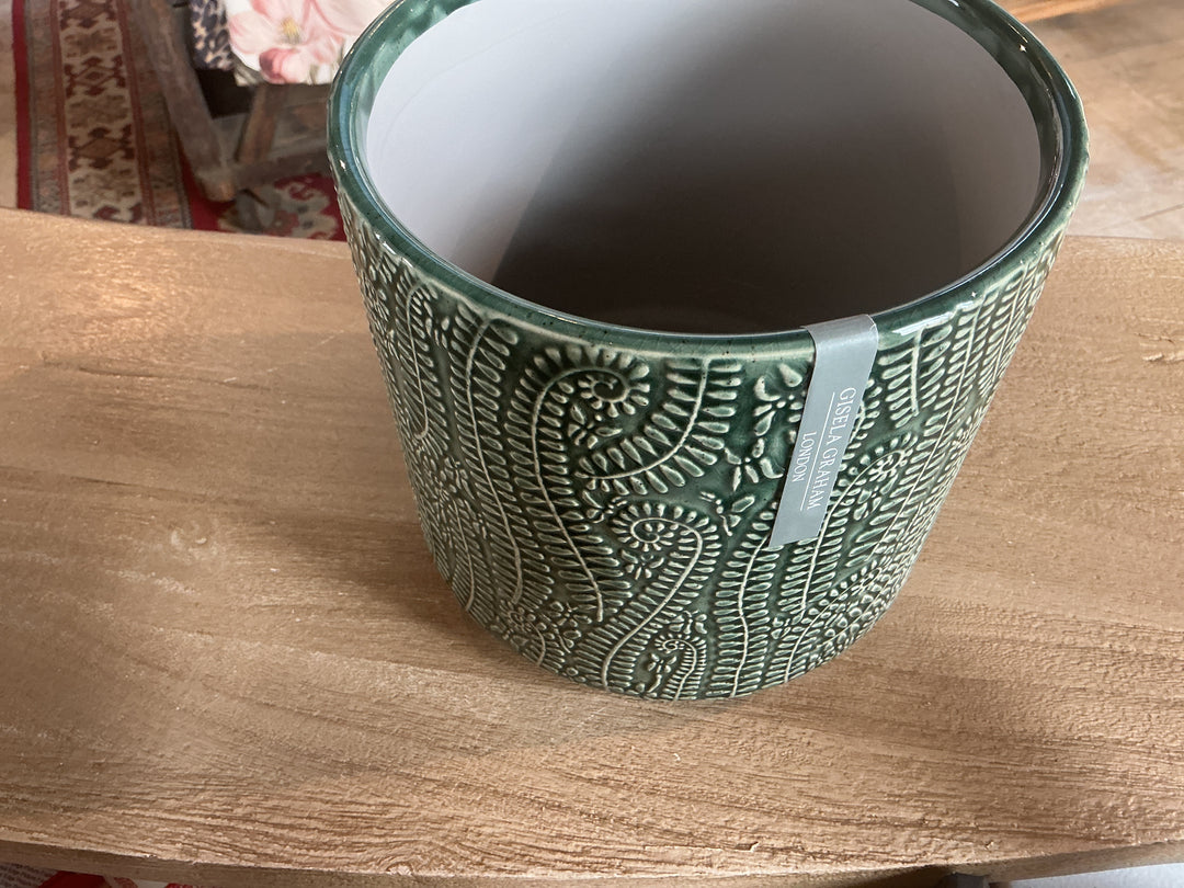 Dk. Green Fern Stoneware Pot Cover, Lrg,  (LxWxD) 18x20x20cm