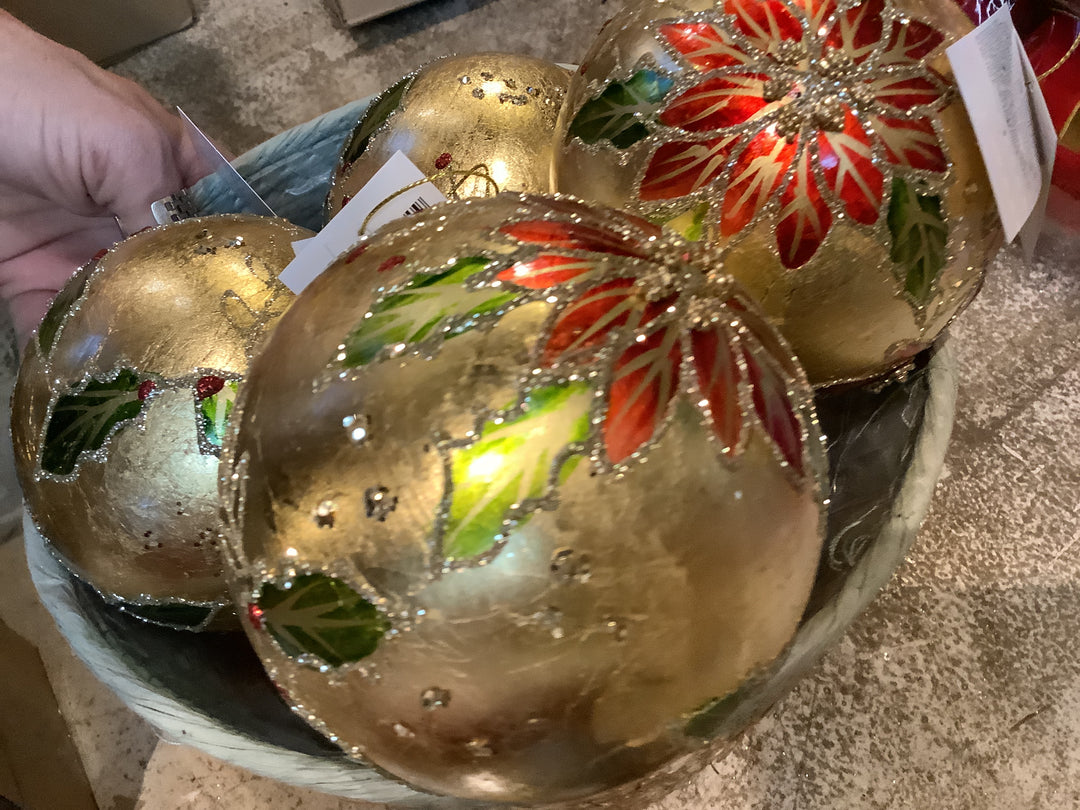 Glass Ball, 10cm - Gold Foil/Poinsettia