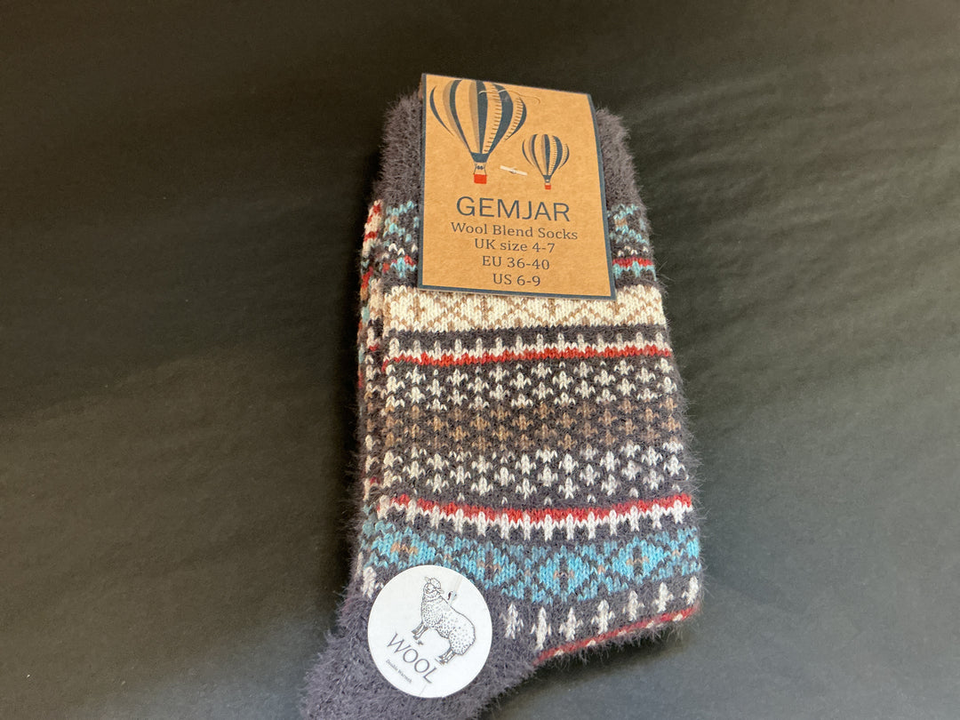 Grey Heeled Patterned Wool Blend Socks
