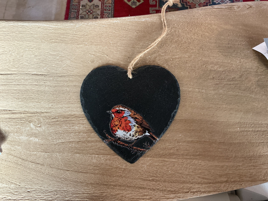 Slate Decoration - Large Heart - Robin