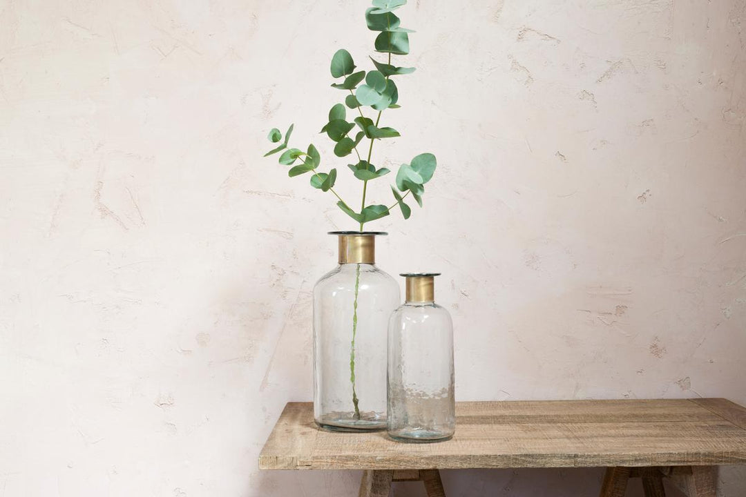 Chara Hammered Bottle - Clear Glass & Antique Brass - Small 31.5 x 12cm (dia)