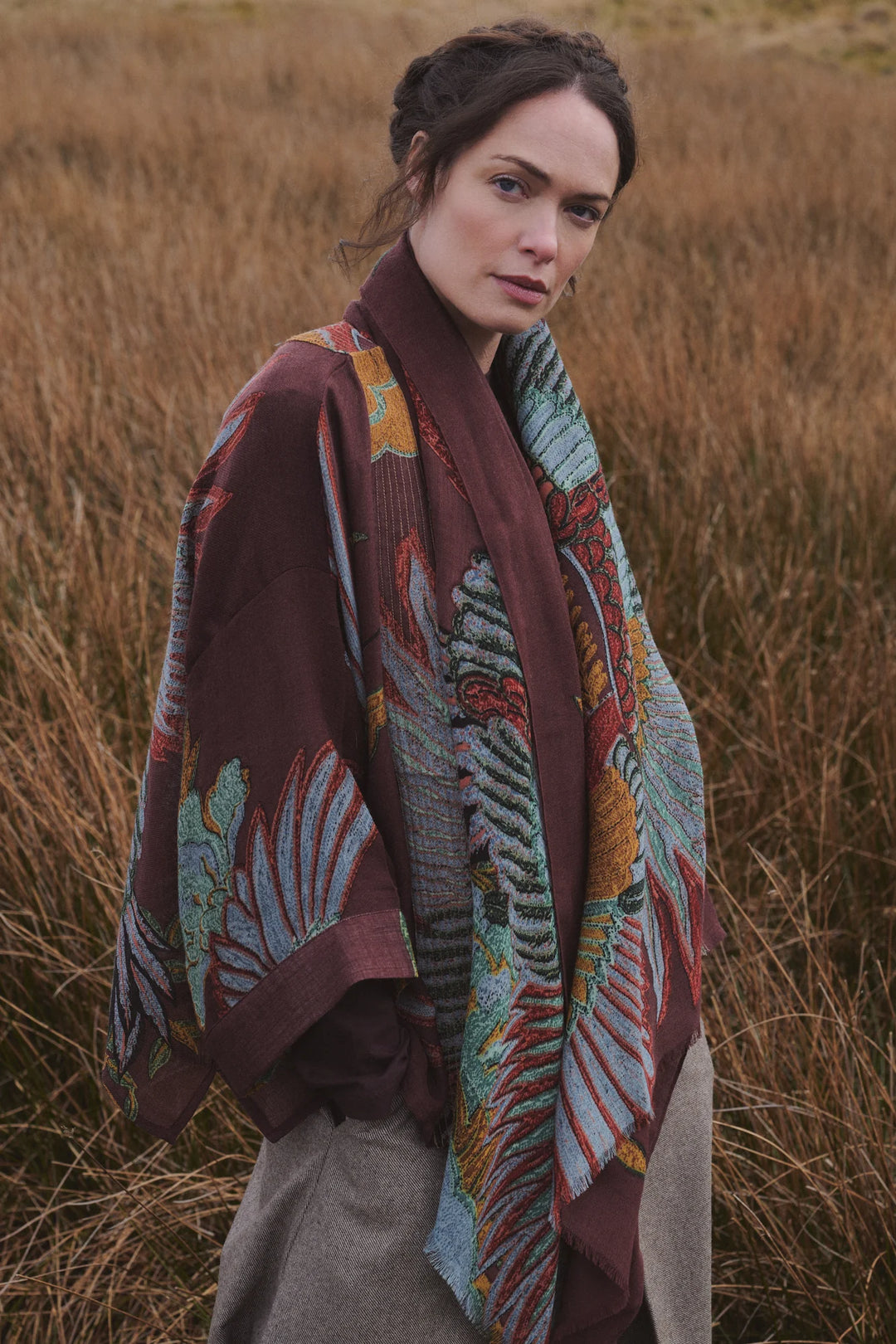 Crane Brown Wool Kimono
