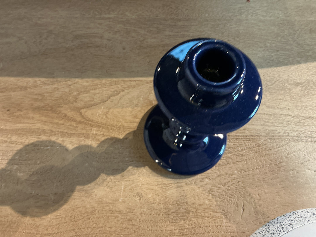 Navy Ceramic Hooped Candlestick, Sml,  (LxWxD) 14x8.7x8.7cm
