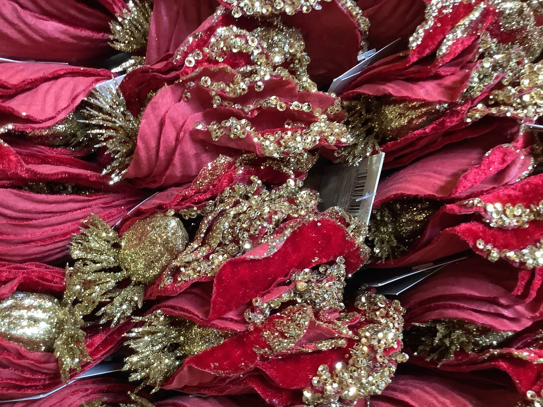 Fabric Magnolia Clip, 17cm - Red w Gold Trim