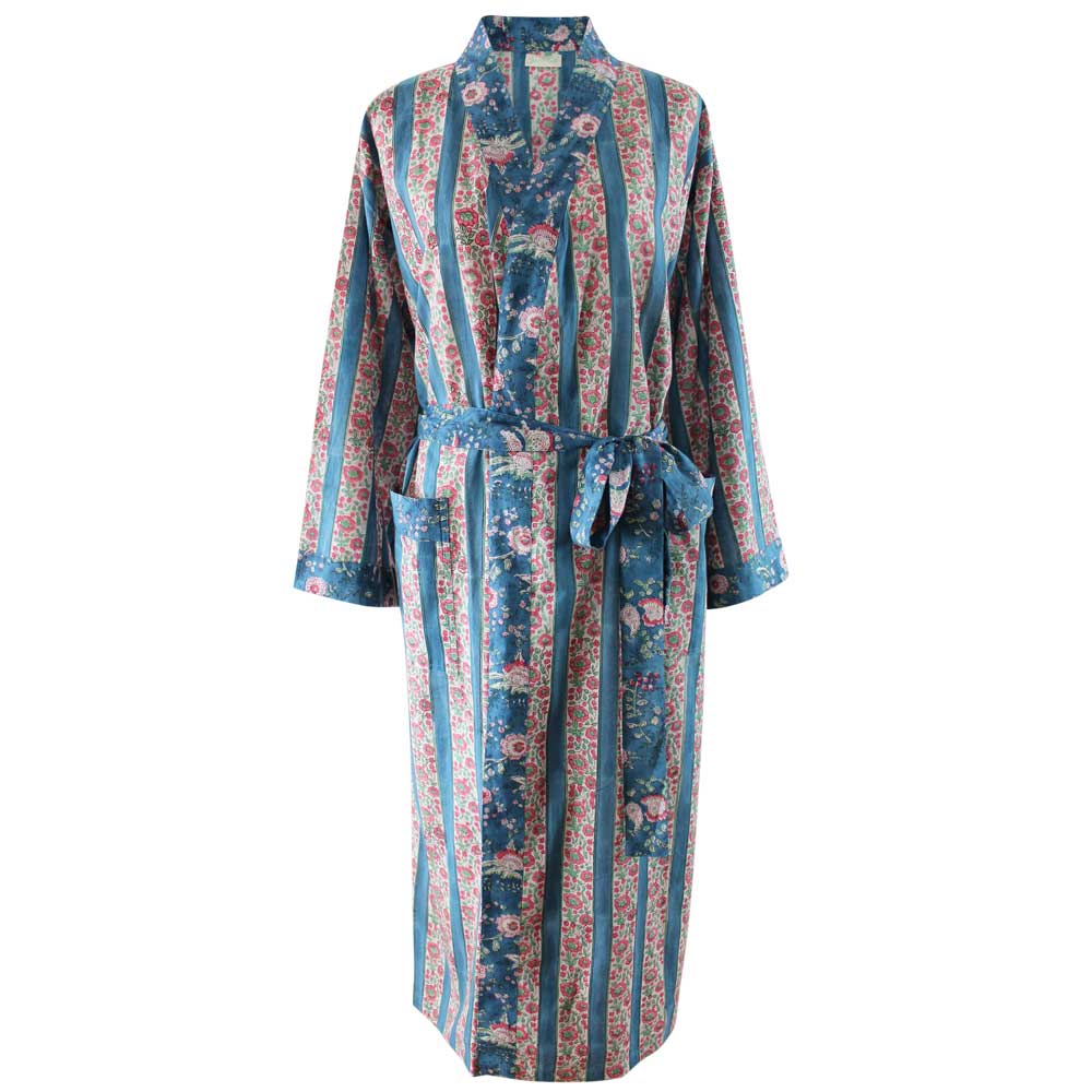 Inky Blue, Pink & Green Mixed Floral & Stripe Print Dressing Gown