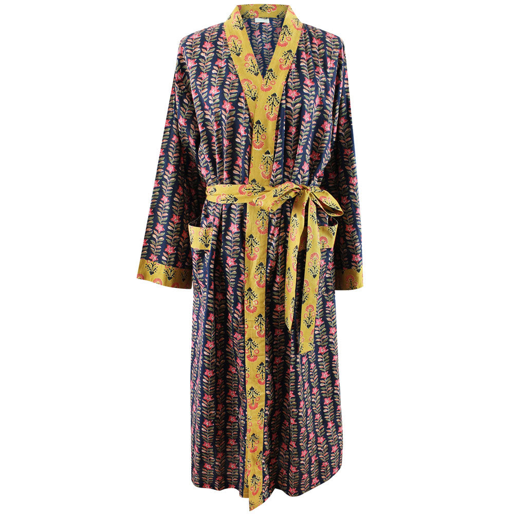 Navy Blue & Pink Lily Vertical Block Print Dressing Gown