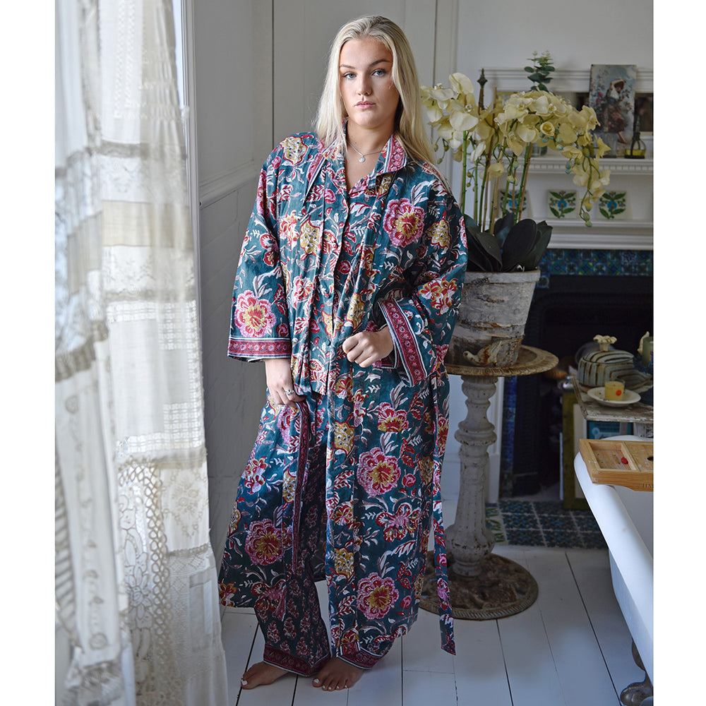Pine Green, Red, Pink & Mustard Block Print Dressing Gown
