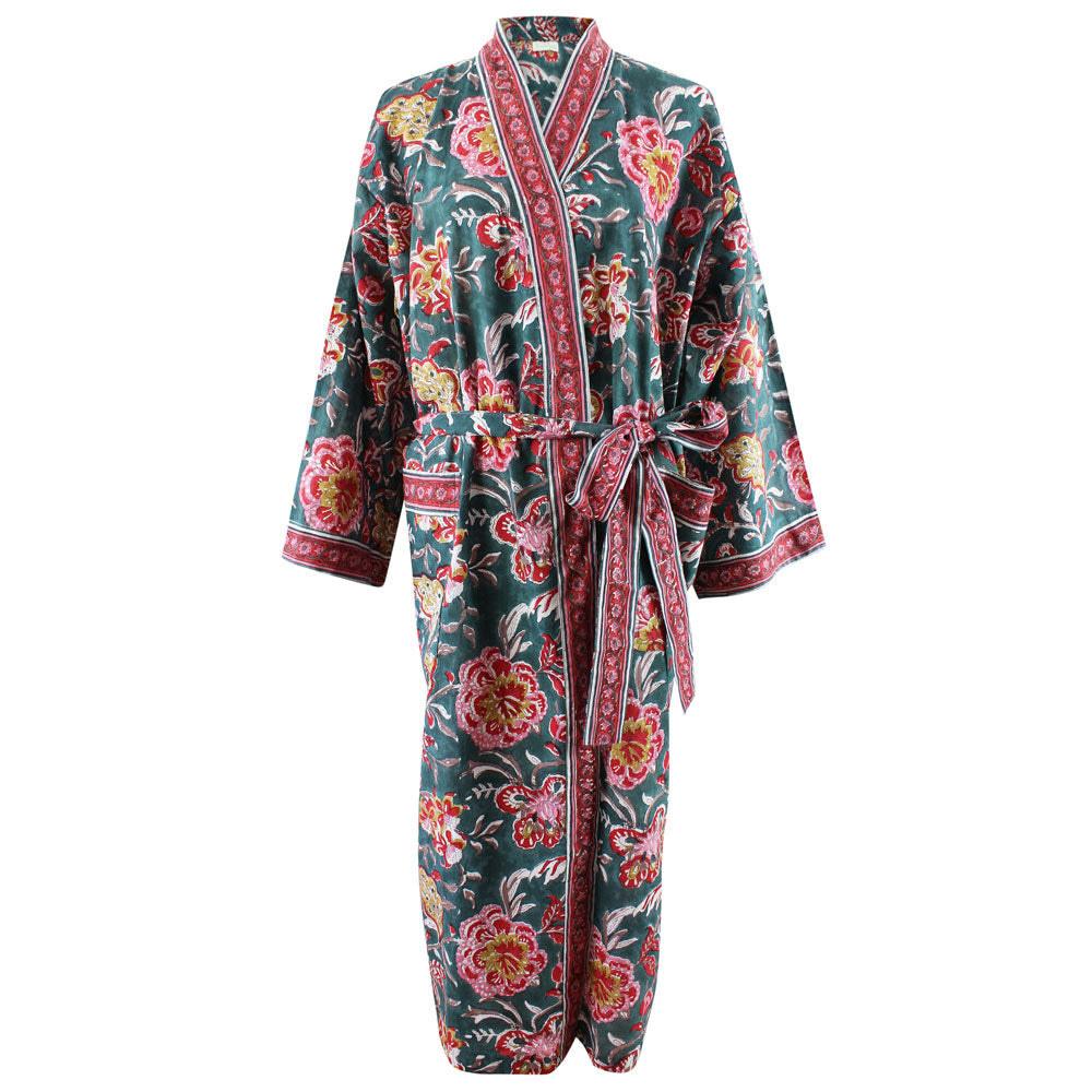 Pine Green, Red, Pink & Mustard Block Print Dressing Gown