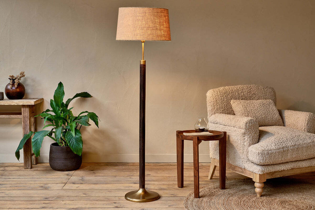 Digha Wood & Metal Floor Lamp Base - Dark Stain & Antique Brass