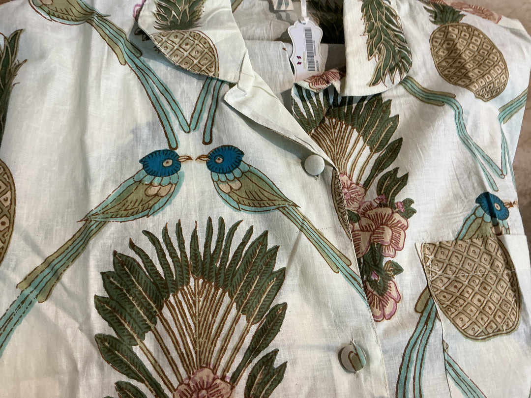 BLUE BIRD & PINEAPPLE PRINT PYJAMAS S/M