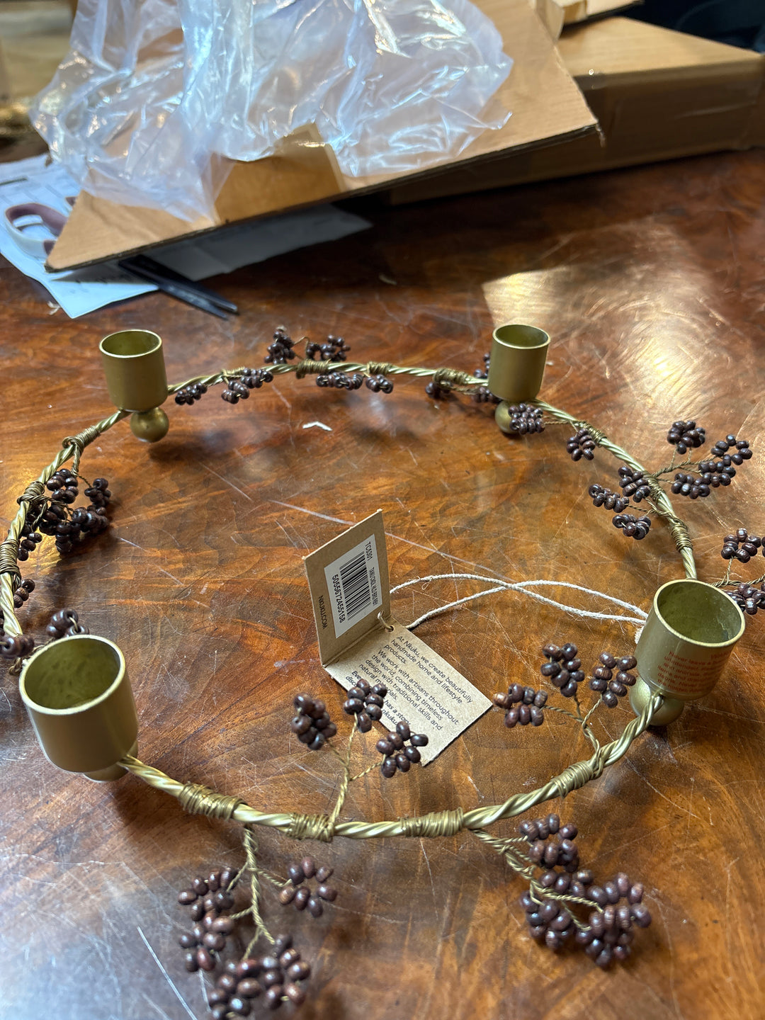 Tanu Mango Wood Beaded Candle Holder - Brass & Ruby