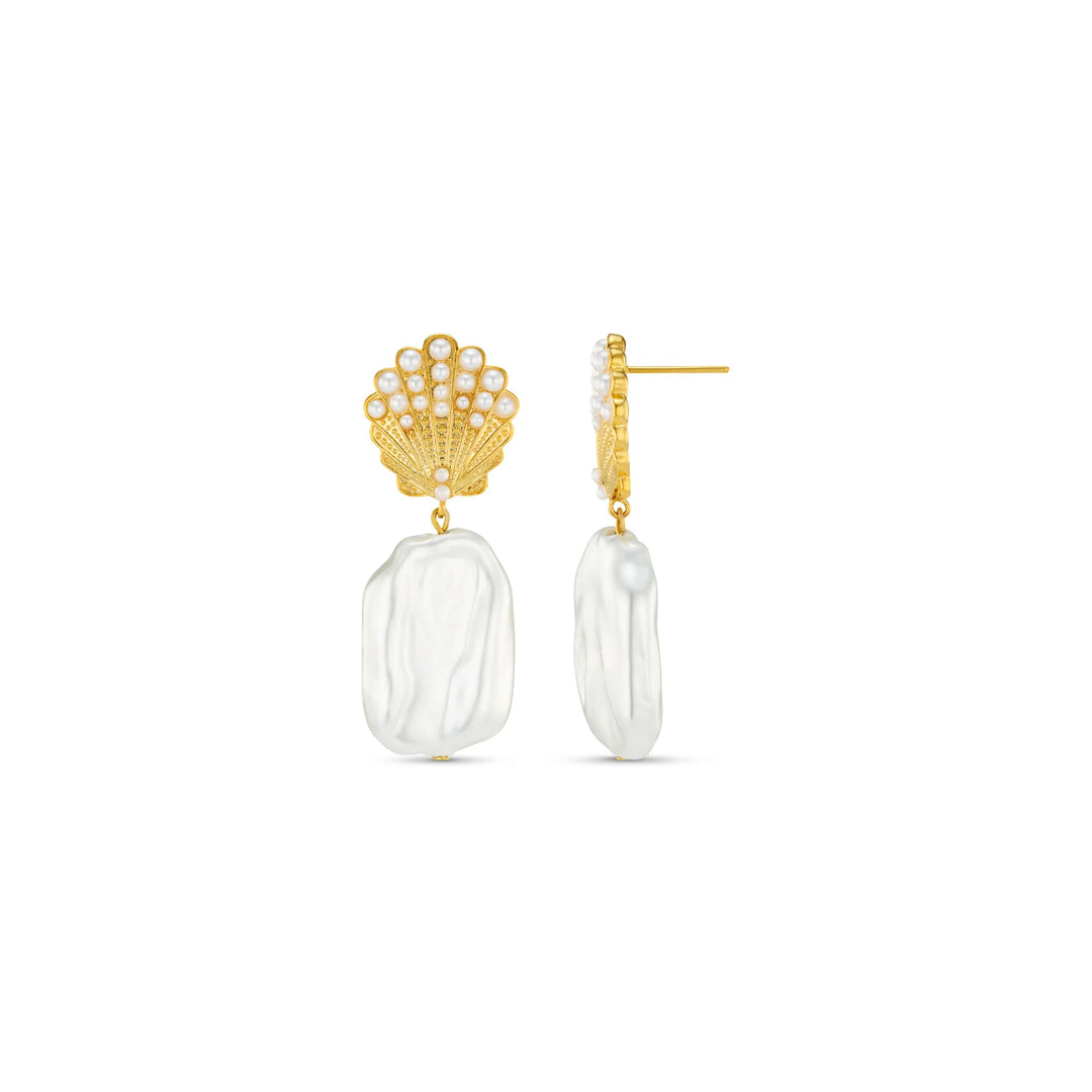 18k Gold Plated Embellished Shell & Pearl Drop Earrings