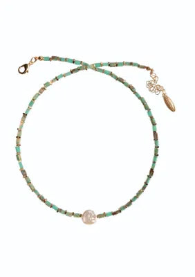 Necklace - Stone Slips W/Natural Pearl - Turquoise/Gold