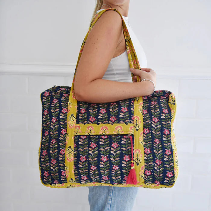 NAVY BLUE & PINK LILY VERTICAL BLOCK PRINT WITH MUSTARD TRIM TOTE BAG WITH ZIP TOP