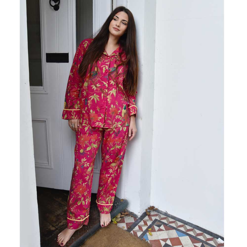 Hot Pink Bird Women’s Pyjamas With Pom Pom Trims
