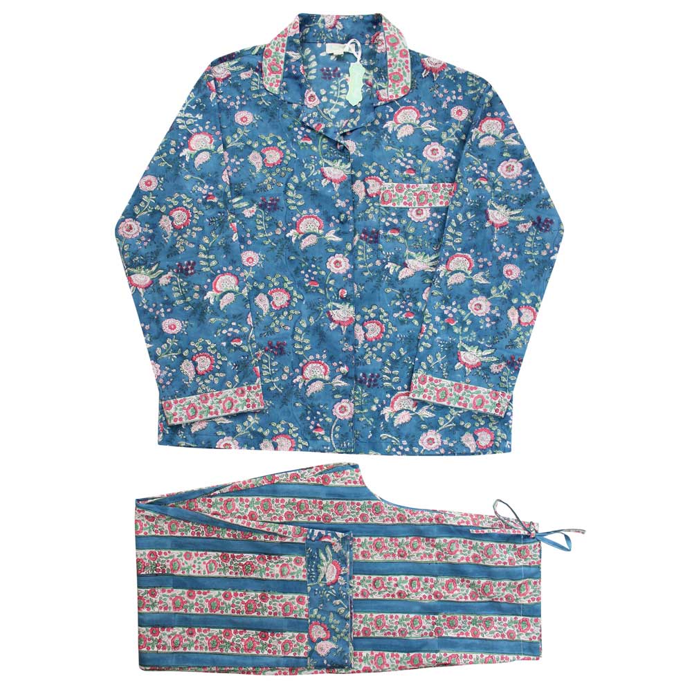 Inky Blue, Pink & Green Mixed Floral & Stripe Print Women’s Pyjamas M/L