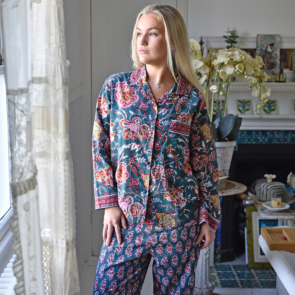 Pine Green, Red, Pink & Mustard Block Print Pyjamas S/M