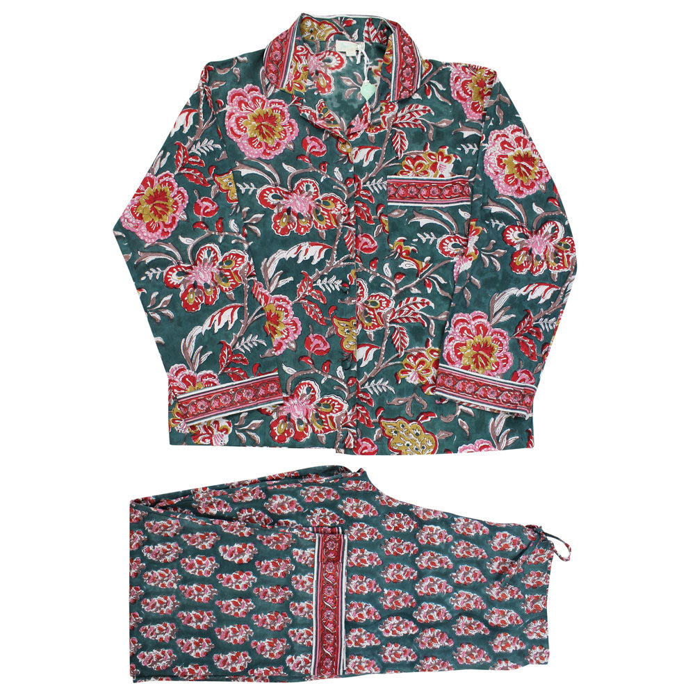 Pine Green, Red, Pink & Mustard Block Print Pyjamas S/M