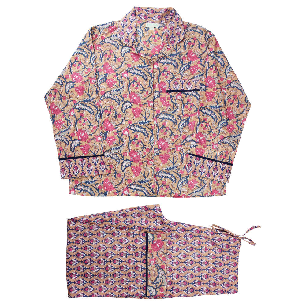 Apricot, Navy & Persian Red Mixed Block Print Pyjamas S/M