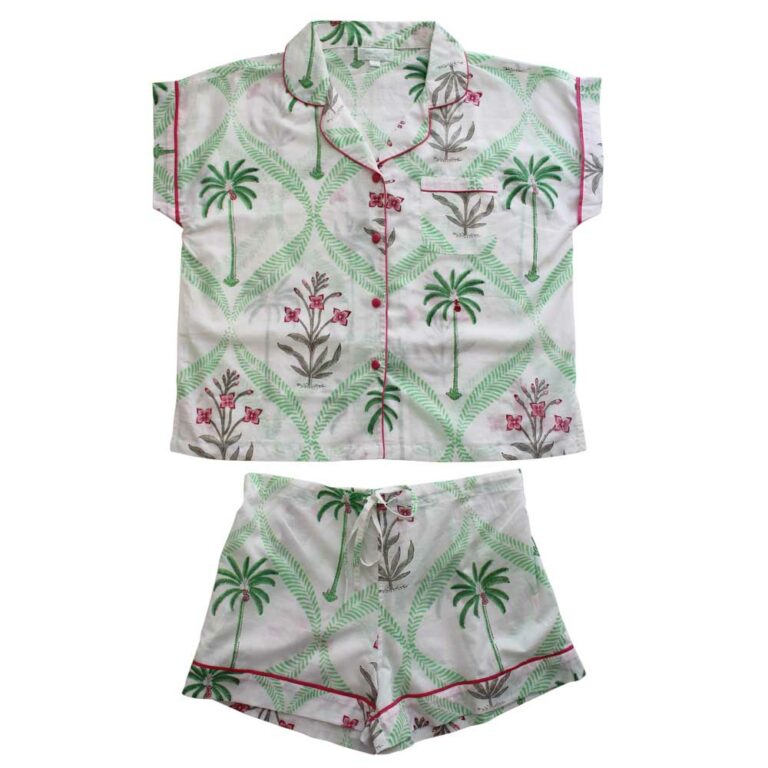 Floral Pink Palms Short Pyjama Set With Piping