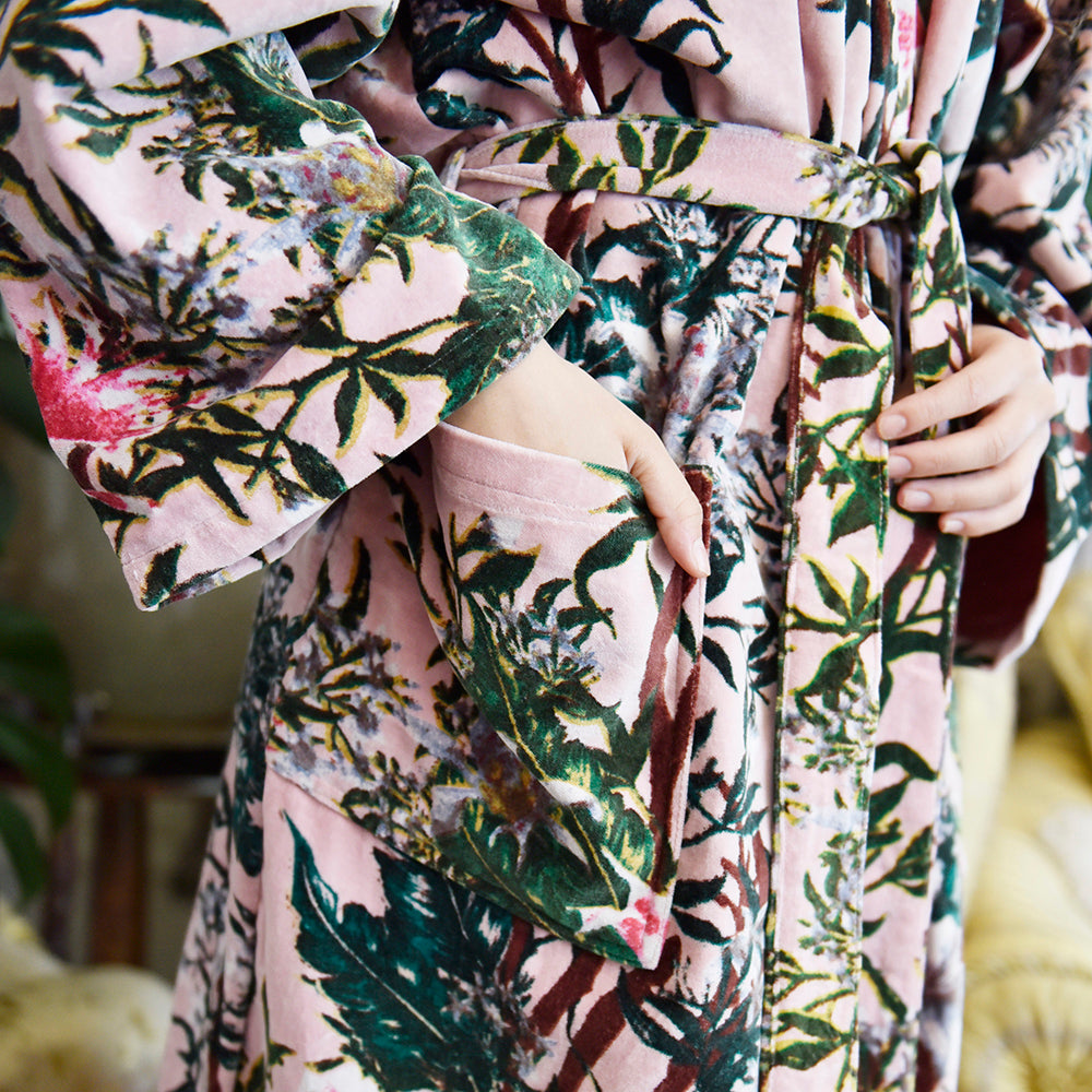 Velvet Pink Stargazer Lily Print Dressing Gown With Satin Lining