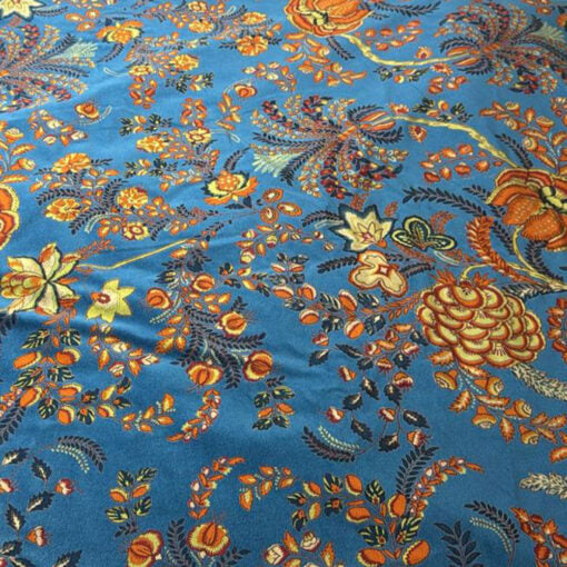 Velvet Blue & Yellow Floral Print Dressing Gown With Satin Lining
