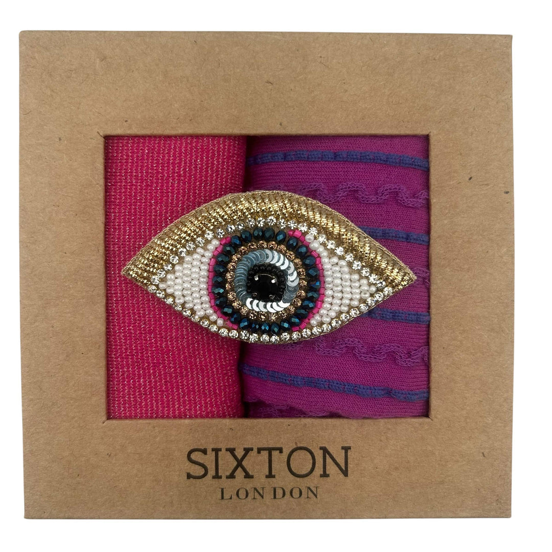Pink Tokyo & Purple Lyon sock box duo  with Golden Eye pin