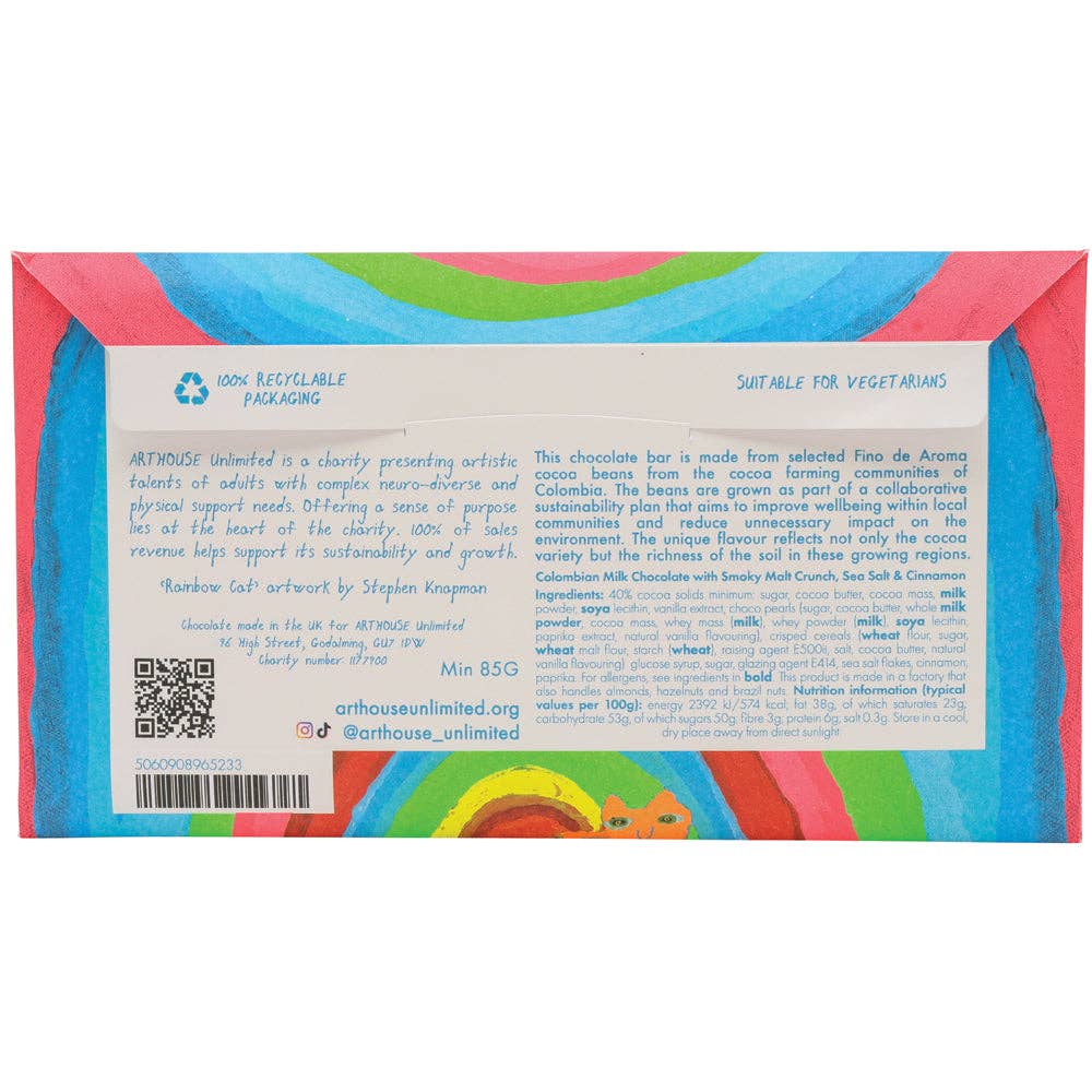Rainbow Cat, Milk Chocolate Bar with Smoky Malt Crunch, Sea Salt & Cinnamon