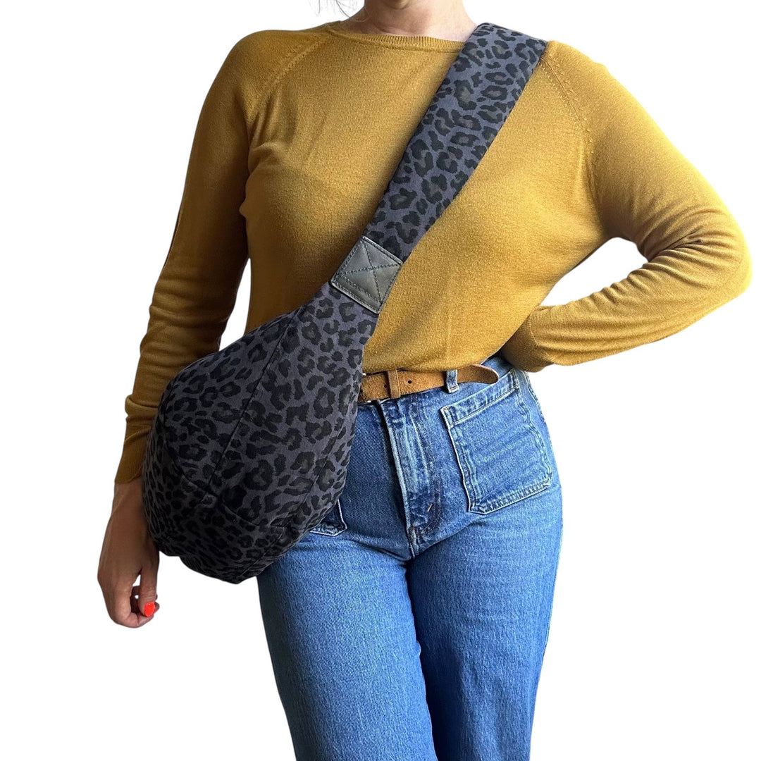 Brixton cross body sling bag - blue leopard print: Large