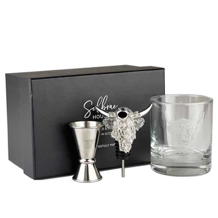 Glass, Pourer & Jigger Set - Highland Cow