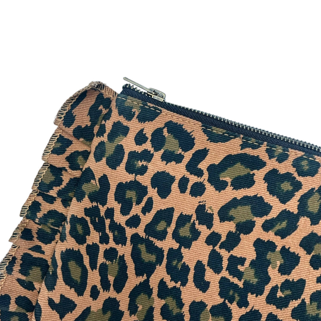 Frill Leopard Print Makeup Bag  with Tiger Head Brooch