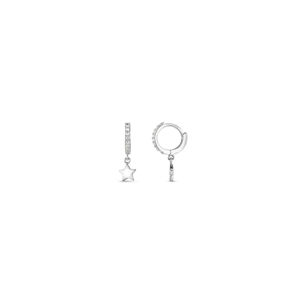 Pavé Mini Micro Star Drop Hoop Earrings Silver