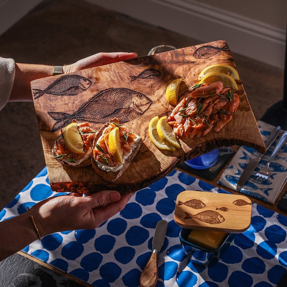 Olive Wood Rectangular Chopping Board - Fish Repeat