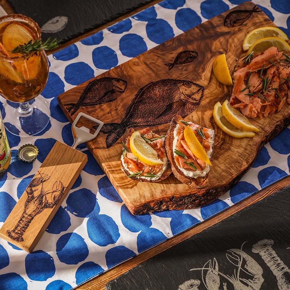 Olive Wood Rectangular Chopping Board - Fish Repeat