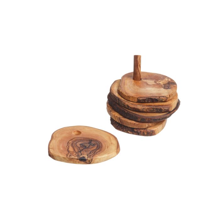 OLIVE WOOD - RUSTIC COASTER SET WITH HOLDER