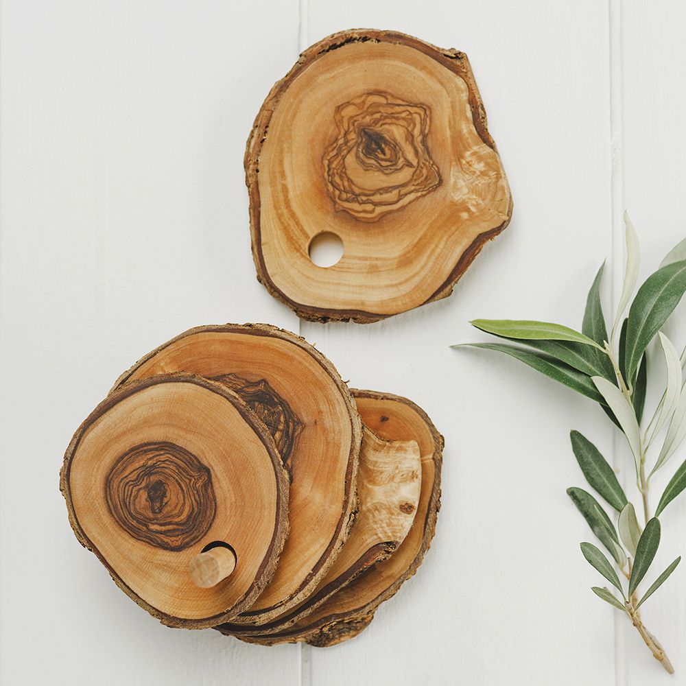 OLIVE WOOD - RUSTIC COASTER SET WITH HOLDER