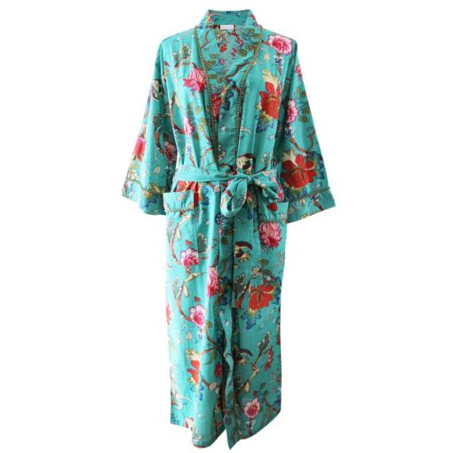 Teal Exotic Flower Print Dressing Gown