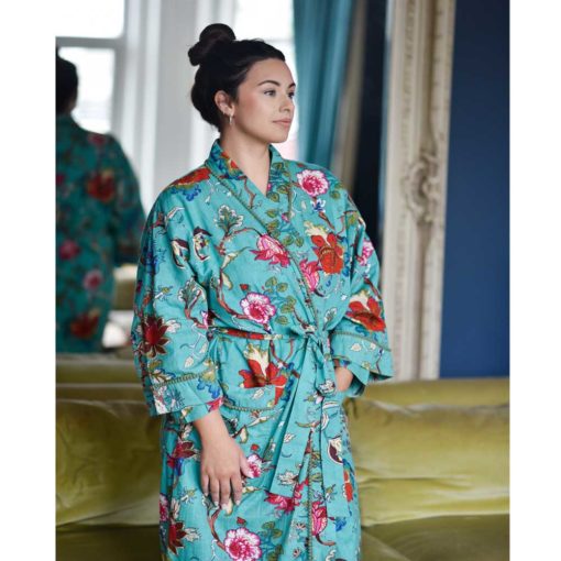 Teal Exotic Flower Print Dressing Gown