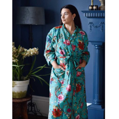 Teal Exotic Flower Print Dressing Gown