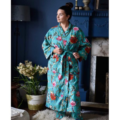Teal Exotic Flower Print Dressing Gown