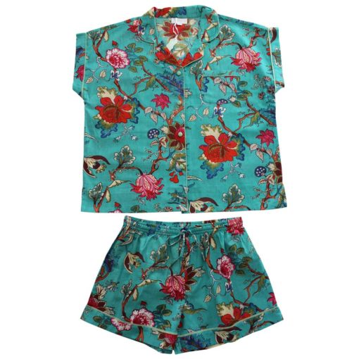 Teal Exotic Flower Short Pyjama Set With Piping