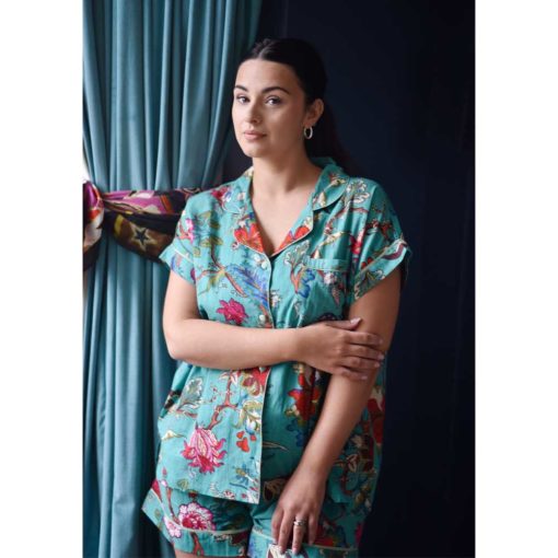 Teal Exotic Flower Short Pyjama Set With Piping