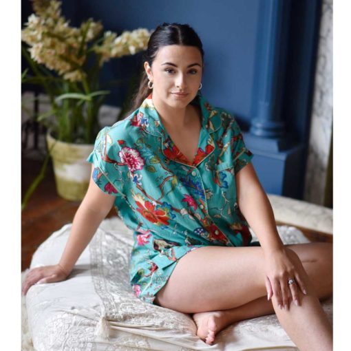 Teal Exotic Flower Short Pyjama Set With Piping